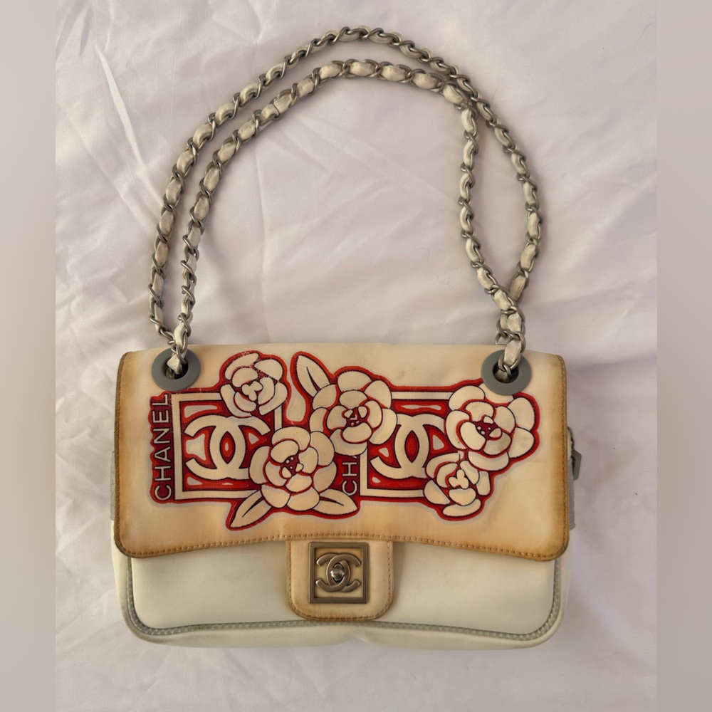 Chanel Canvas Sport Camellia Flap bag, white nylon and red floral design